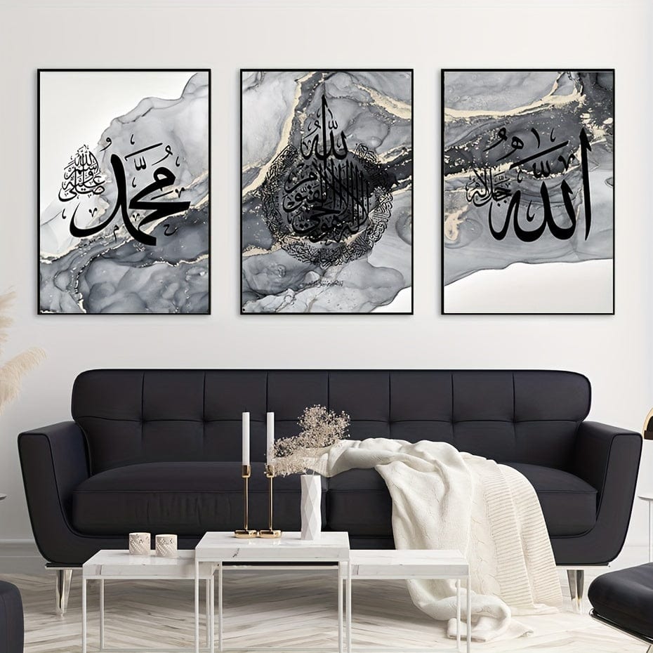 deen-souvenir customized 3er-Set HD Islamische Kalligrafie Leinwandbilder in Schwarz-Gold-Marmor