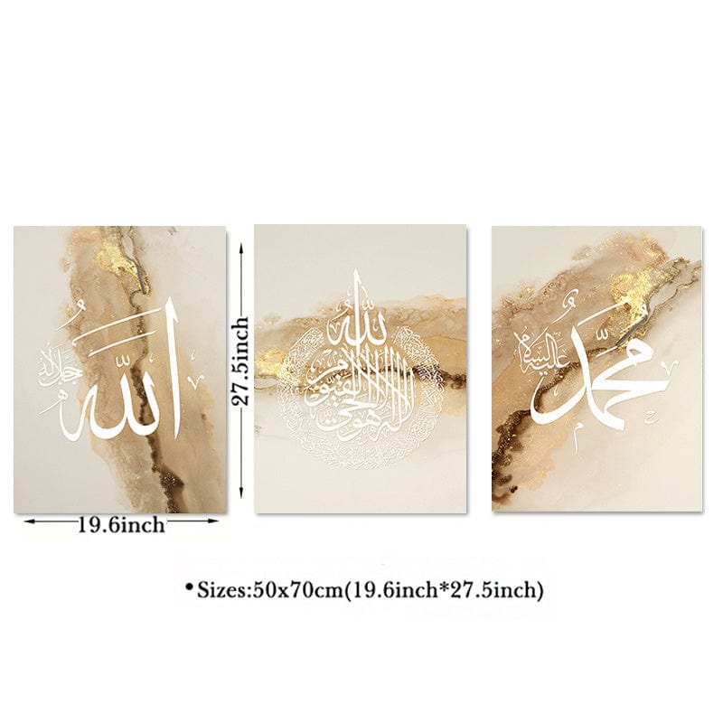 deen-souvenir customized 50 x 70 cm/19,6 x 27,5 Zoll x 3 Stück 3-tlg. Wandkunst-Set: Islamische Leinwandbilder in Beige-Gold-Marmor, Moderne Wohnzimmer-Deko" 17592256814141
