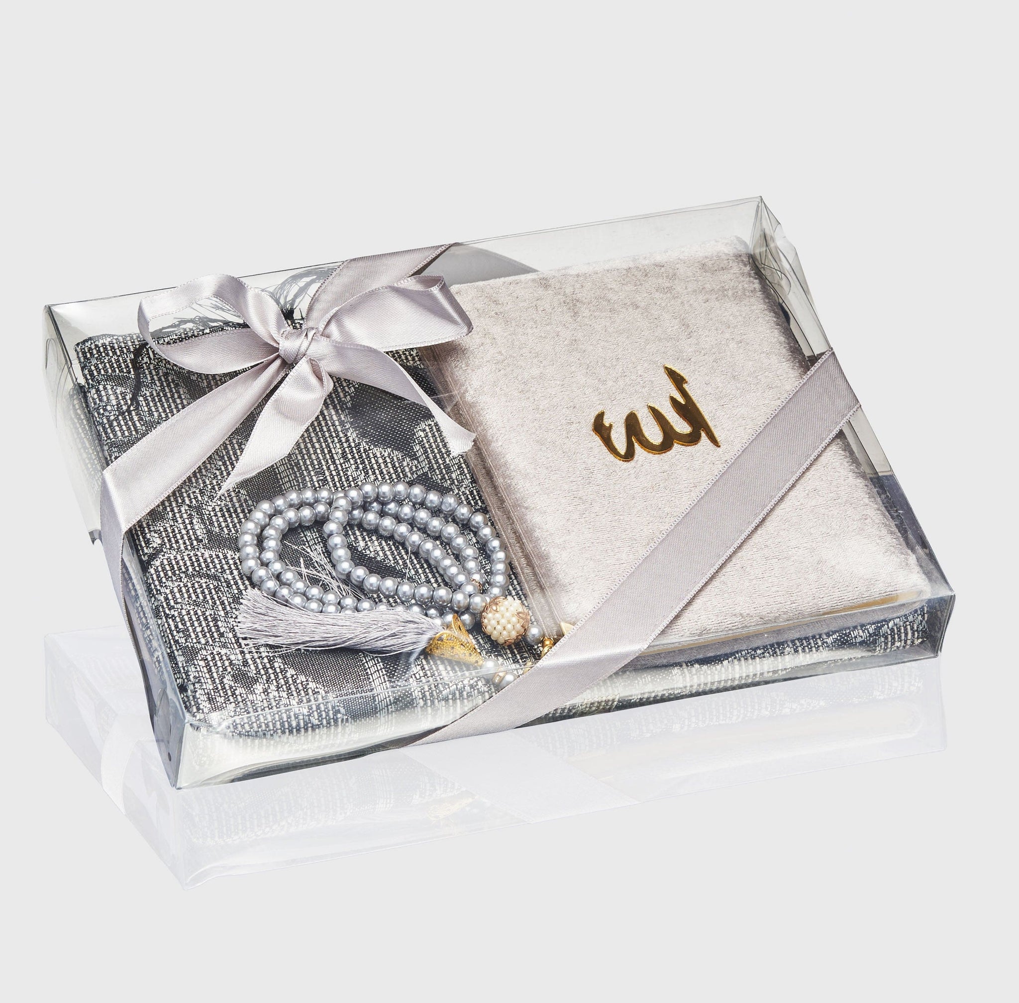 Deen Souvenir Geschenkset Geschenkset L in Grau: Gebetsteppich, Quran Heft & Gebetskette